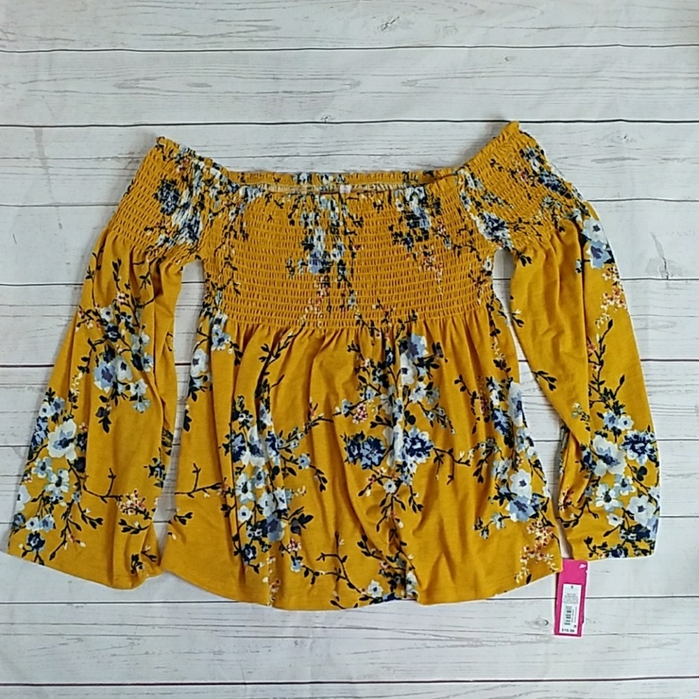 Small Yellow Boho Floral Open Shoulder Top New - Picture 1 of 3